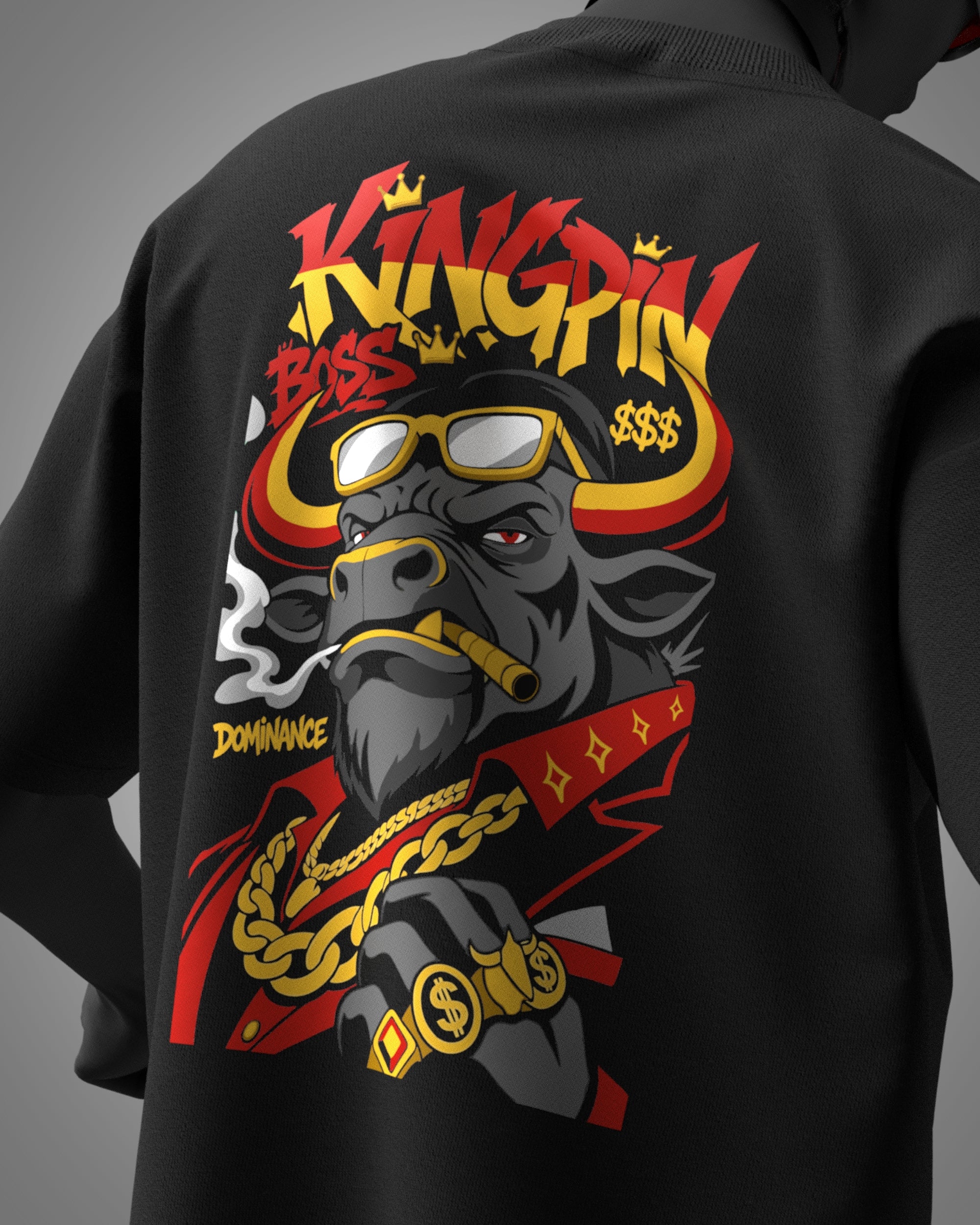 KINGPIN oversized black t-shirt with bull graphic back print