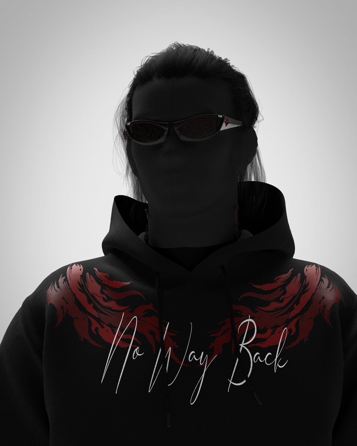 DESIGNOSOR NO WAY BACK unisex oversized black hoodie front view with red shoulder graphics