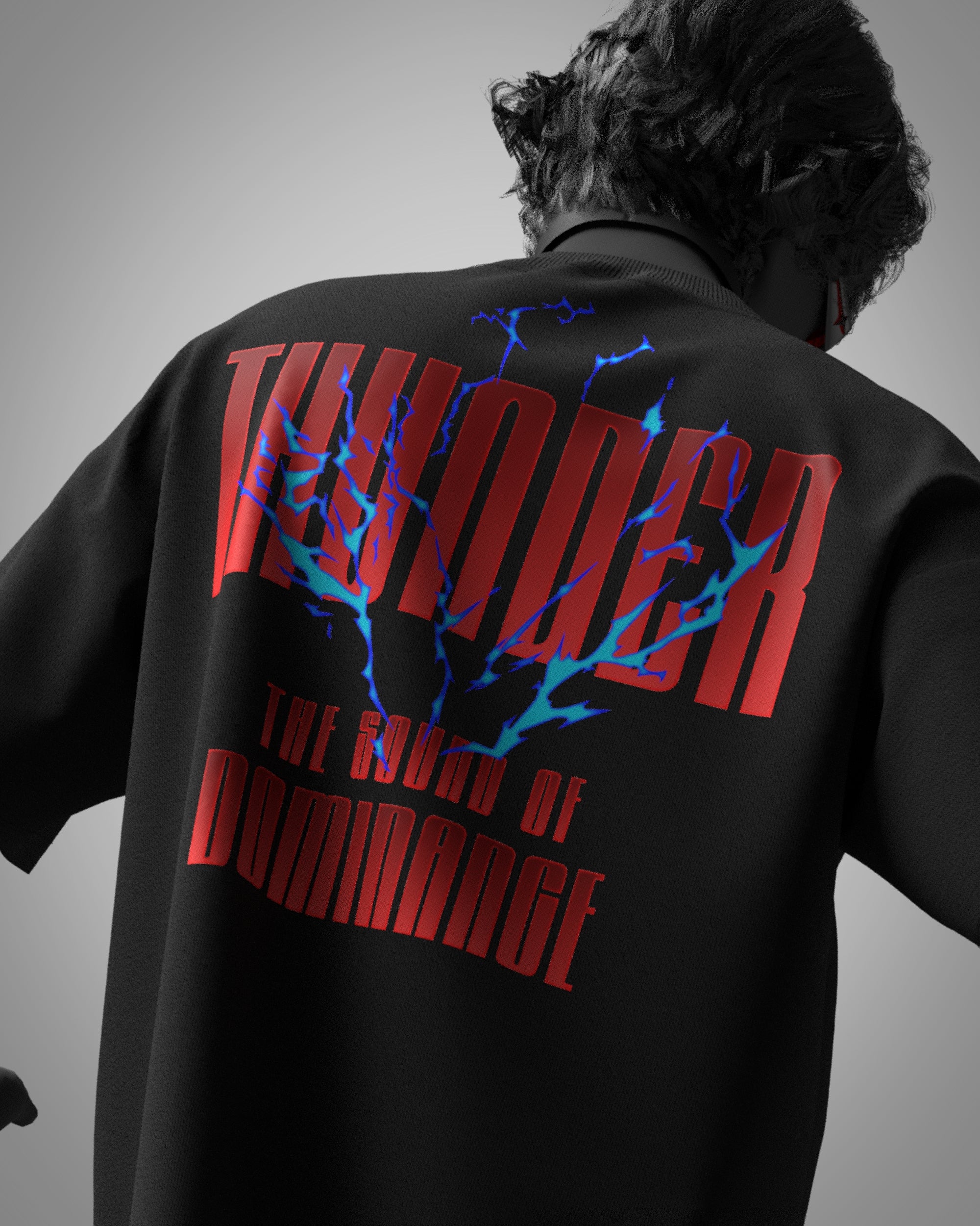 Designosor Thunder unisex black t-shirt back with red typography and blue lightning graphic
