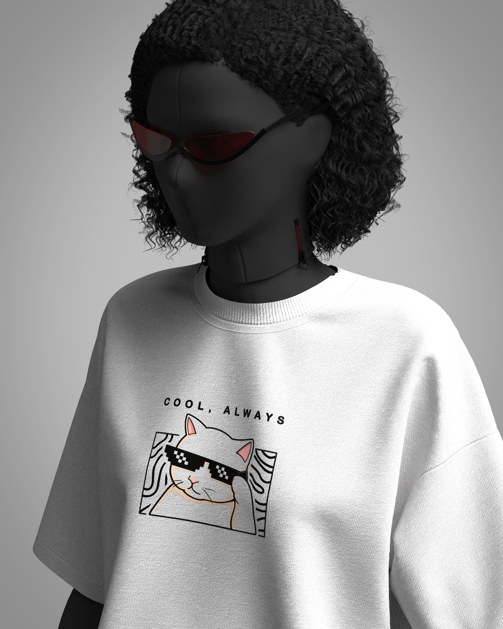 Designosor Cool Always oversized white t-shirt with cat graphic and pixel sunglasses