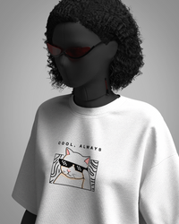 Designosor Cool Always oversized white t-shirt with cat graphic and pixel sunglasses