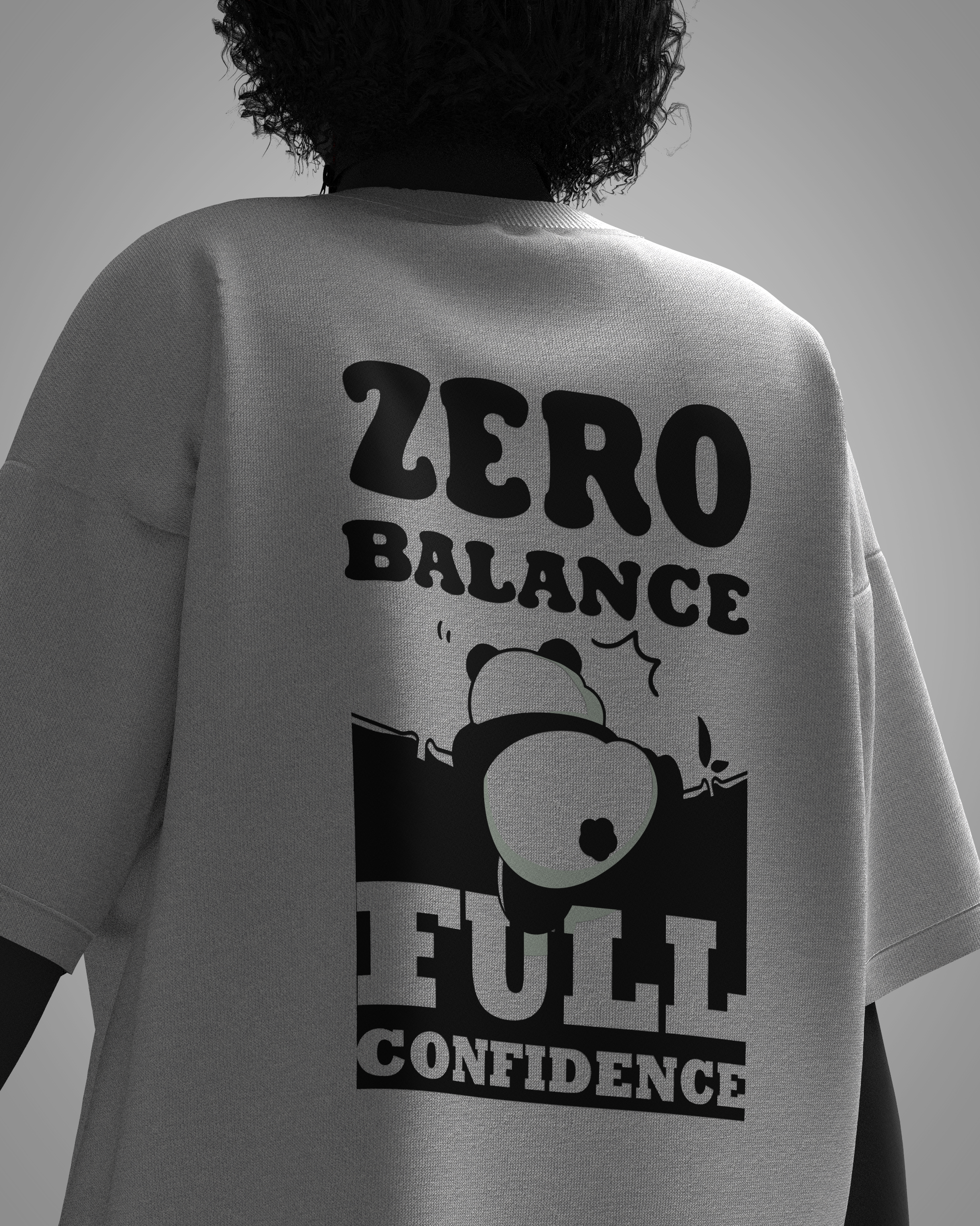 Zero Balance oversized white t-shirt back graphic with full confidence panda design