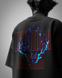 Designosor Thunder unisex black t-shirt back with red typography and blue lightning graphic