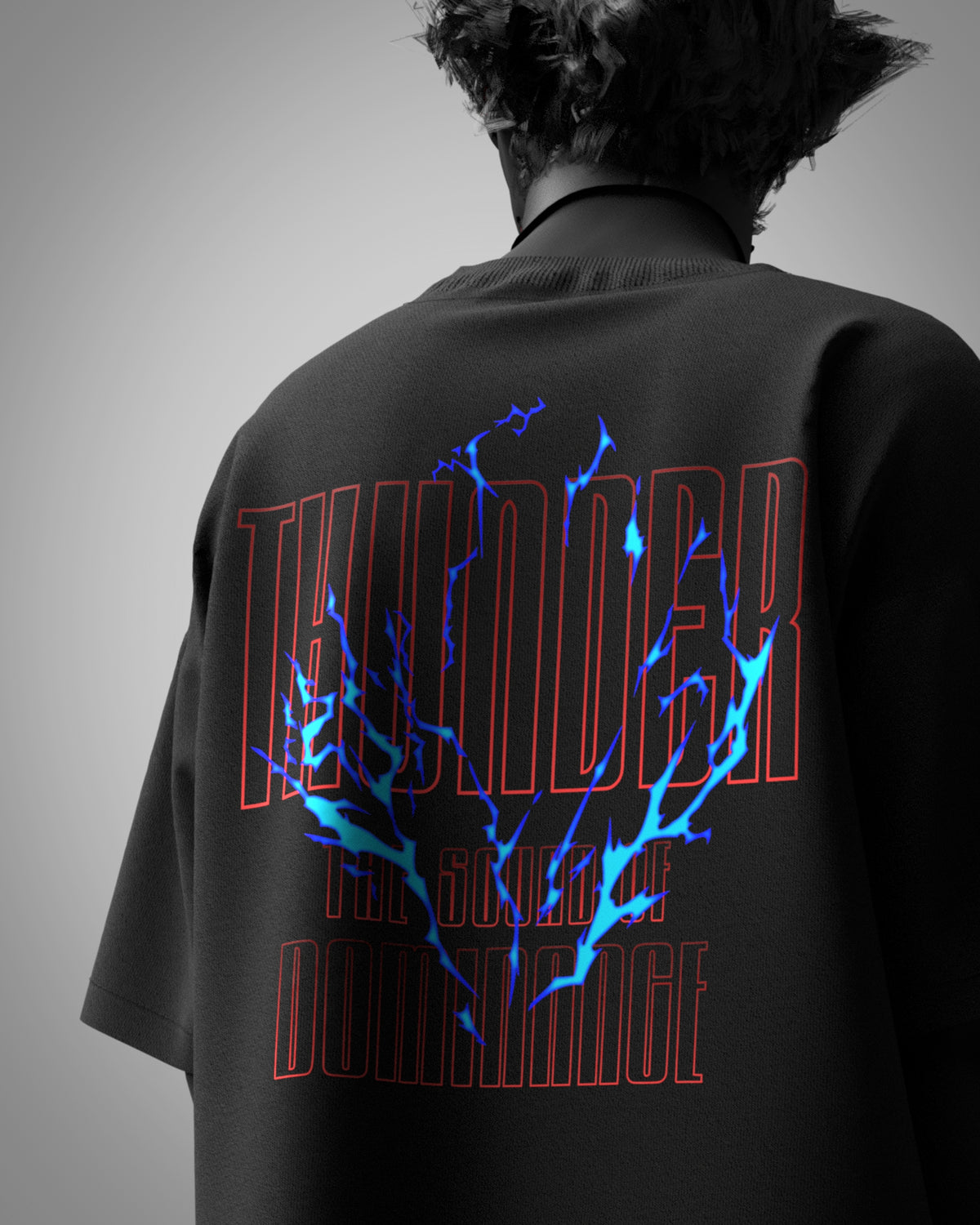 Designosor Thunder unisex black t-shirt back with red typography and blue lightning graphic