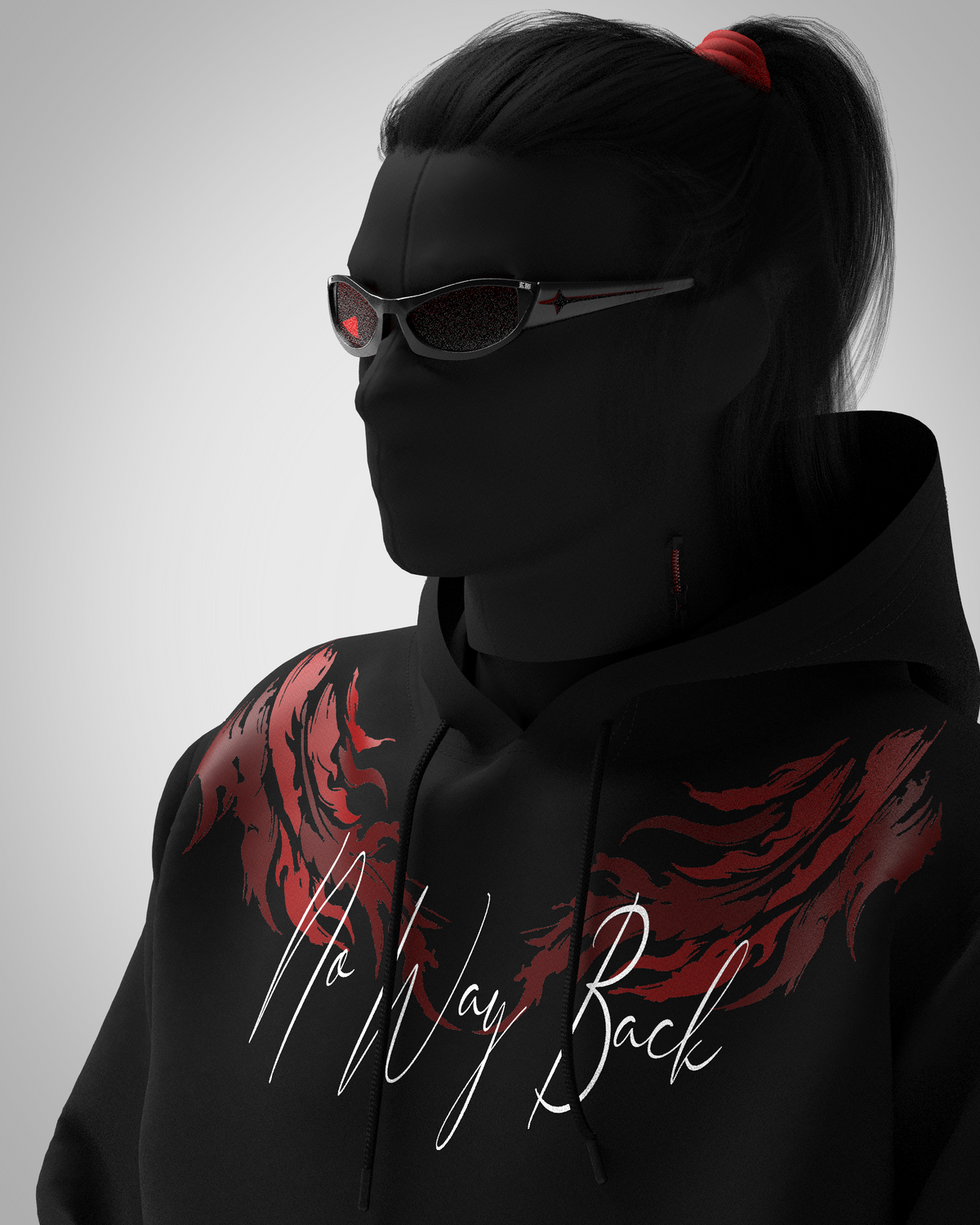 DESIGNOSOR NO WAY BACK unisex oversized black hoodie front view with red shoulder graphics