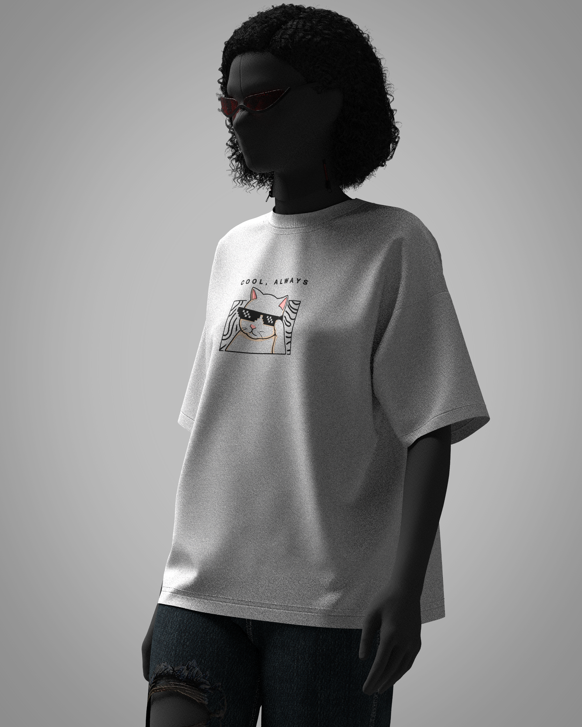 Designosor Cool Always oversized white t-shirt with cat graphic and pixel sunglasses