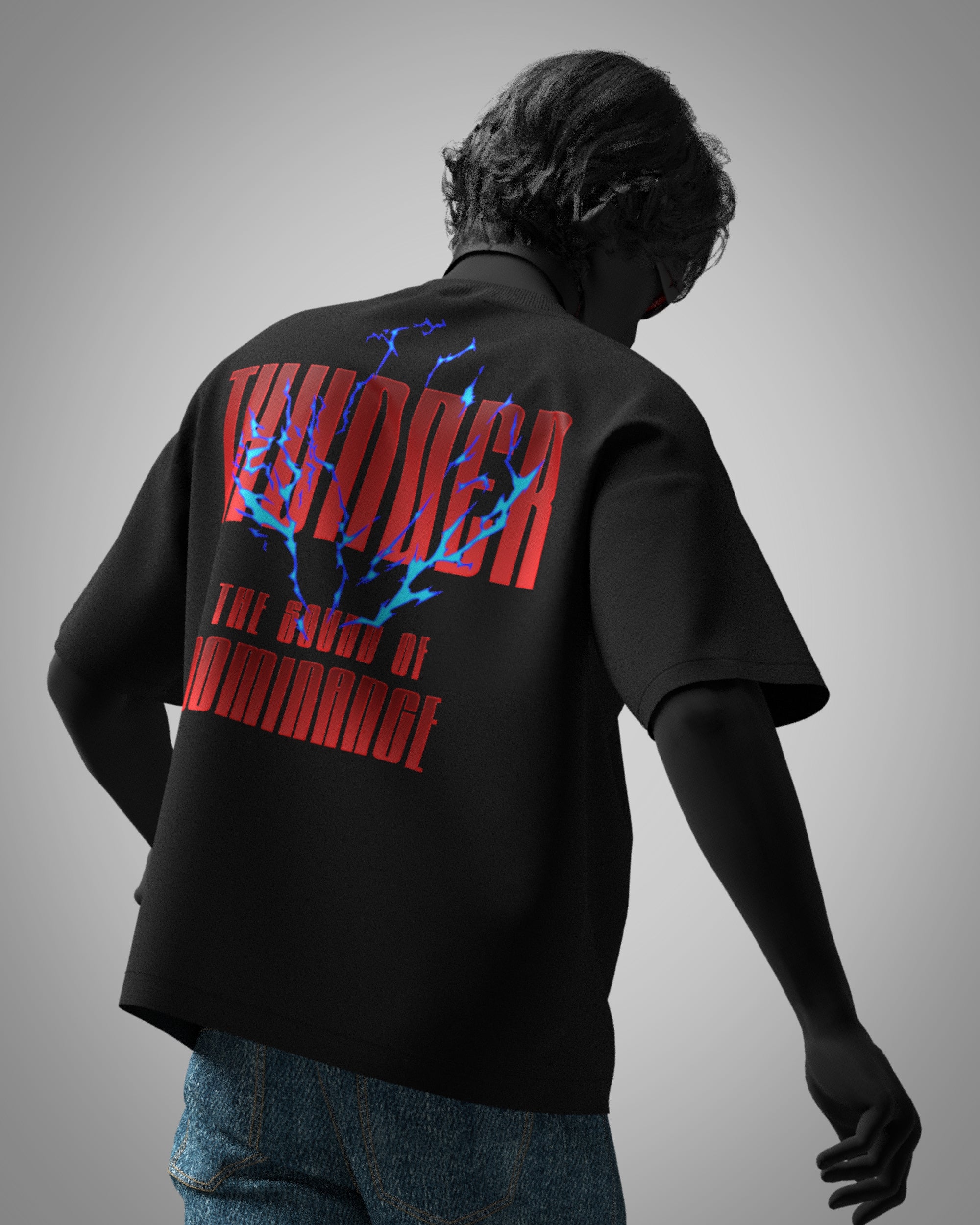 Designosor Thunder unisex black t-shirt back with red typography and blue lightning graphic