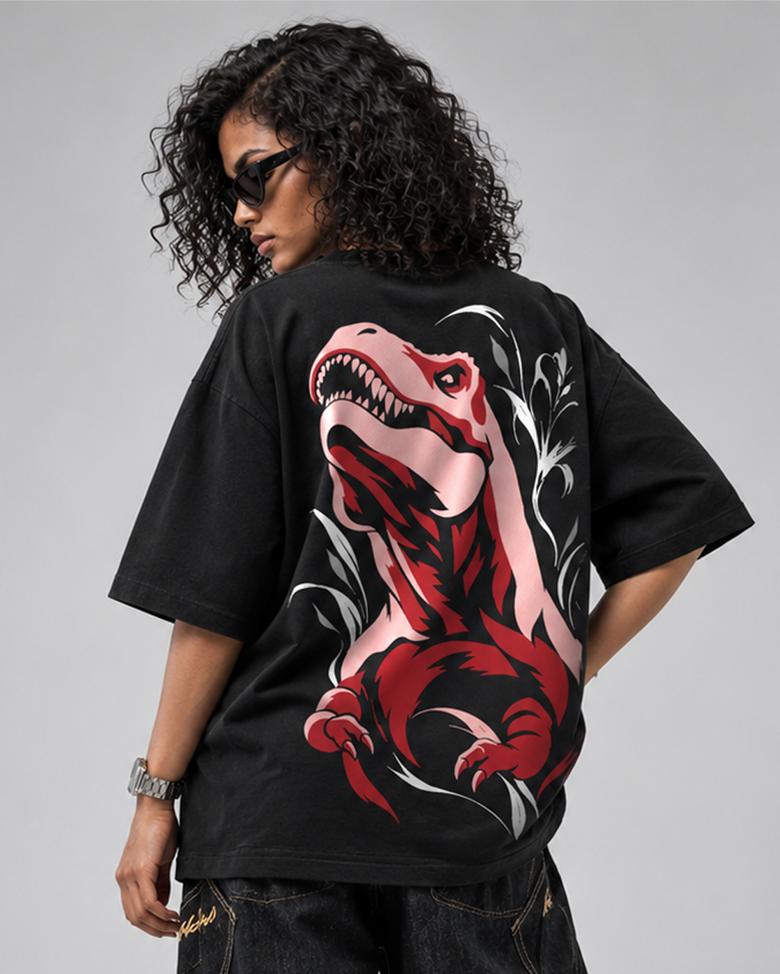 designosor-beauty-in-the-brutal-black-oversized-t-shirt-back-trex-graphic