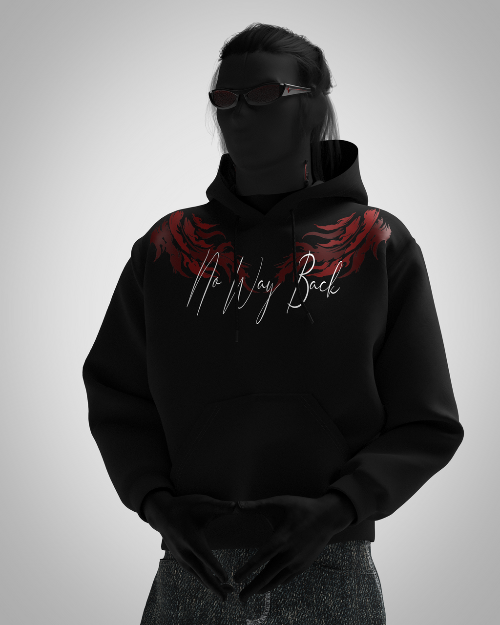 DESIGNOSOR NO WAY BACK unisex oversized black hoodie front view with red shoulder graphics