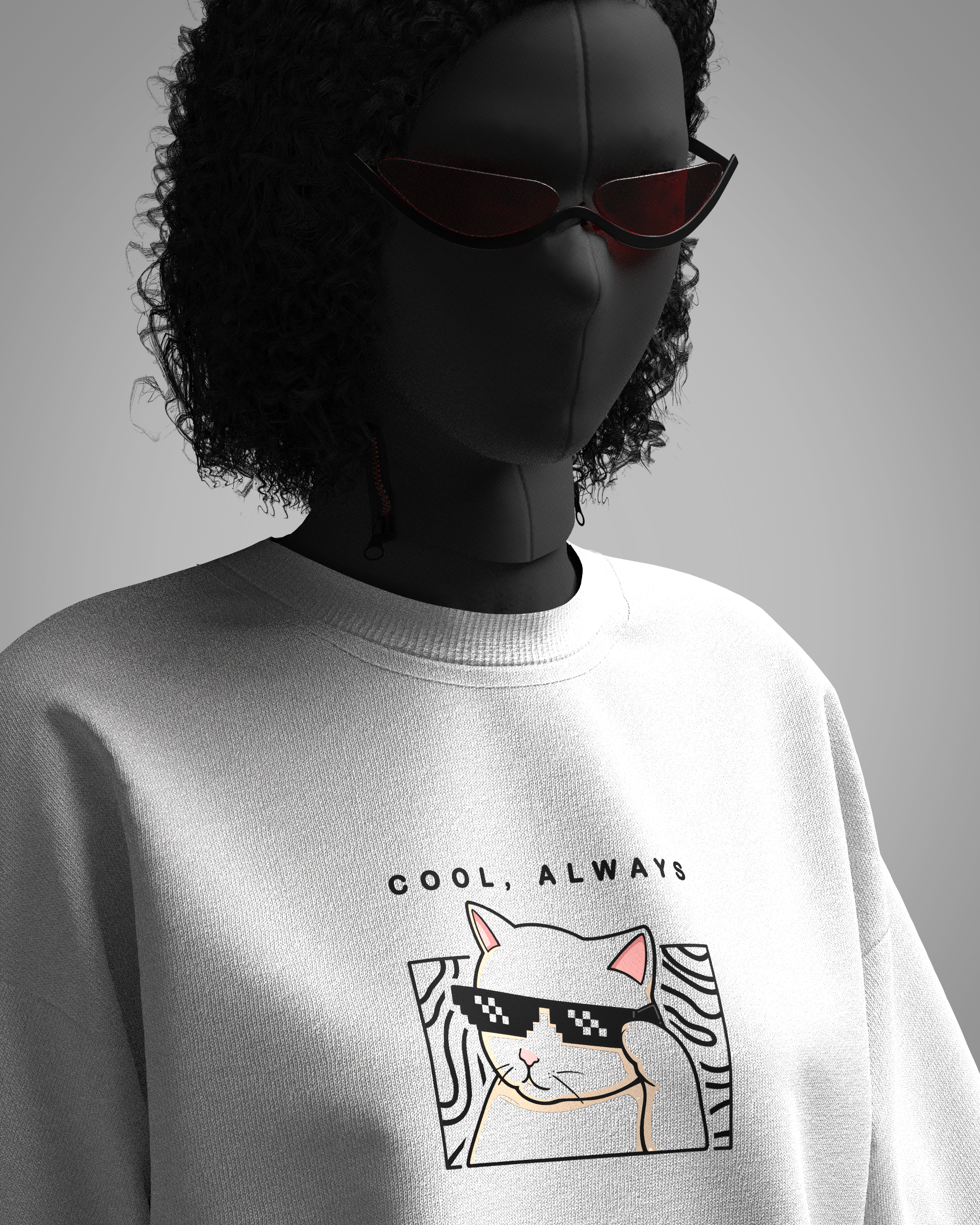 Designosor Cool Always oversized white t-shirt with cat graphic and pixel sunglasses