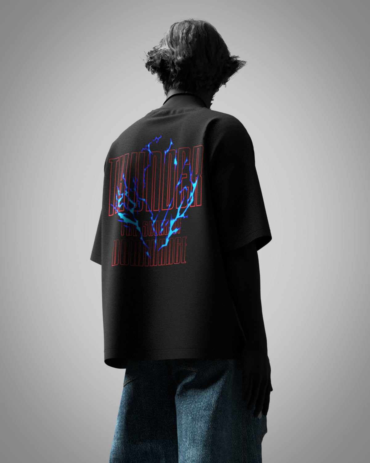 Designosor Thunder unisex black t-shirt back with red typography and blue lightning graphic