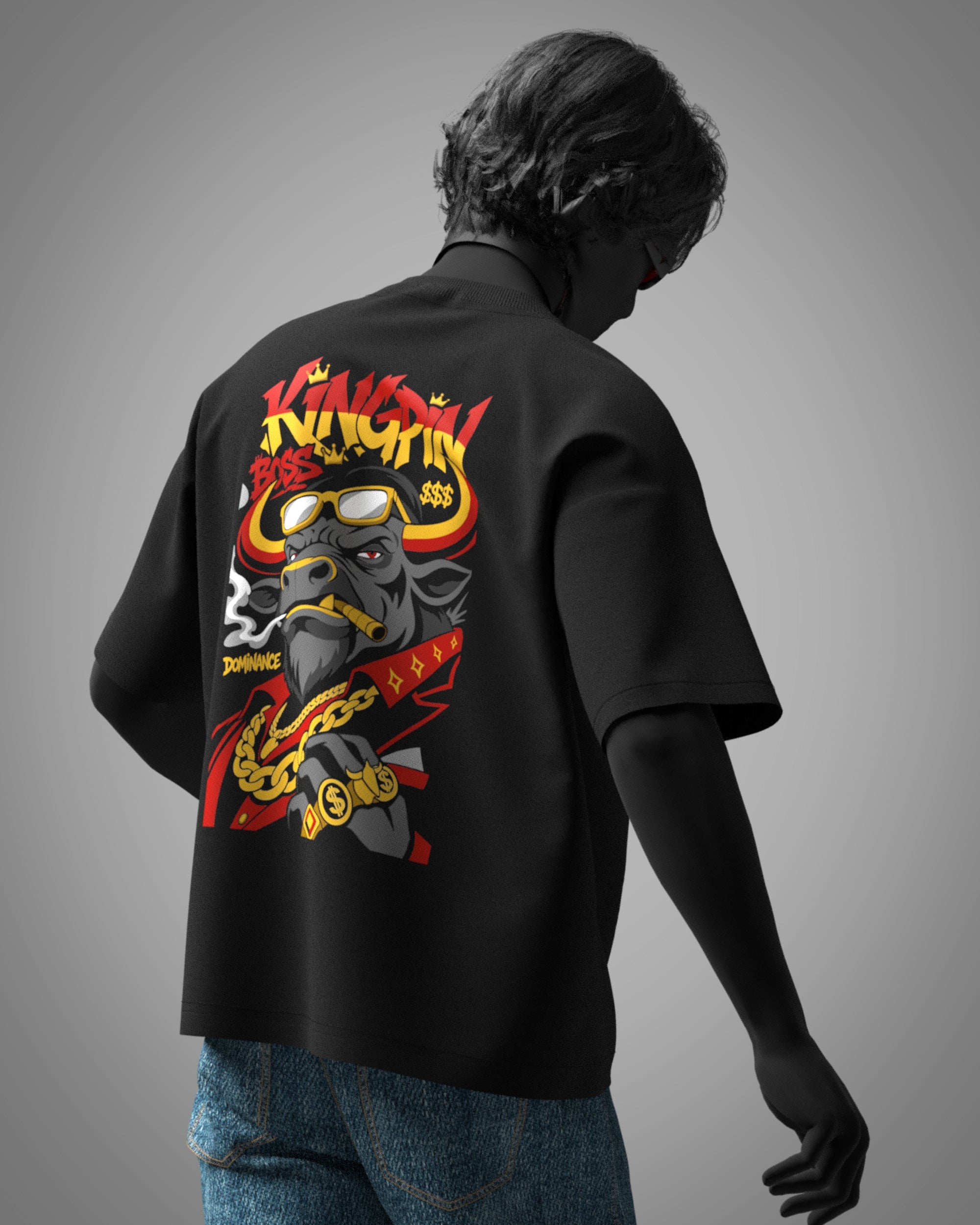 KINGPIN oversized black t-shirt with bull graphic back print