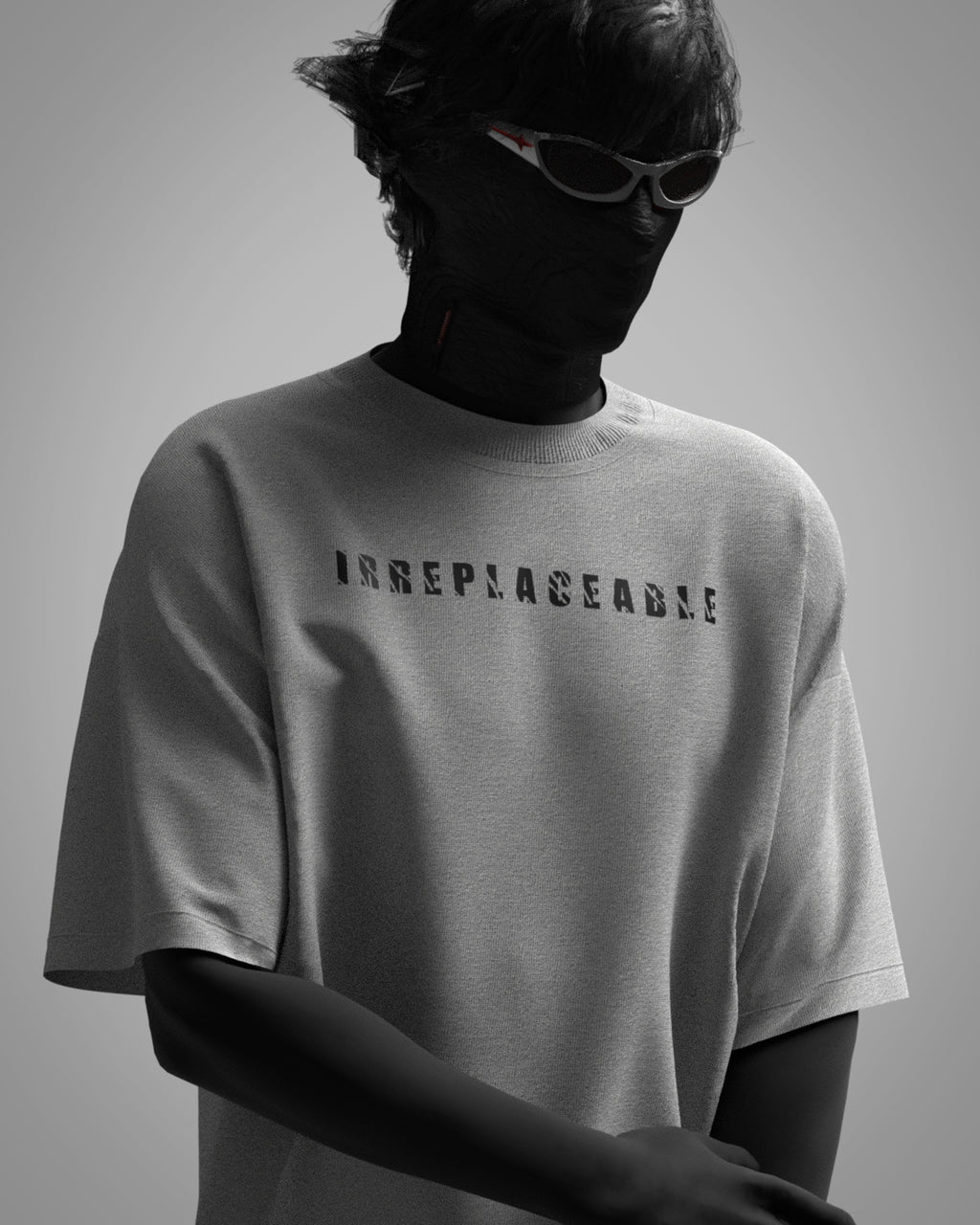 Designosor Irreplaceable white oversized t-shirt front view with bold typography print