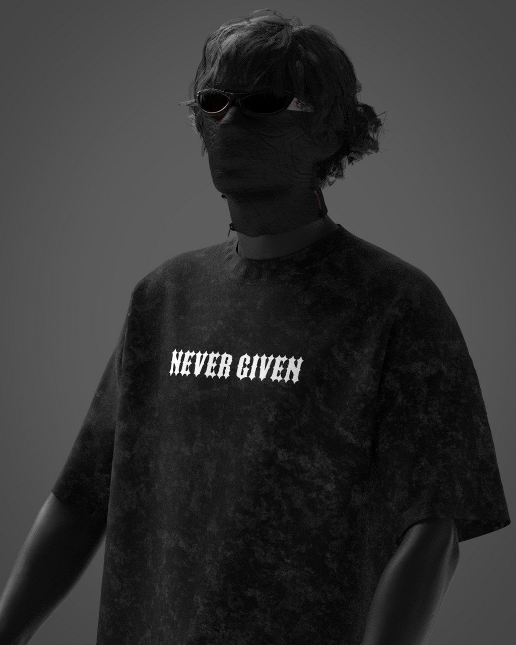 Designosor Earned Never Given oversized black acid wash t-shirt front with NEVER GIVEN print