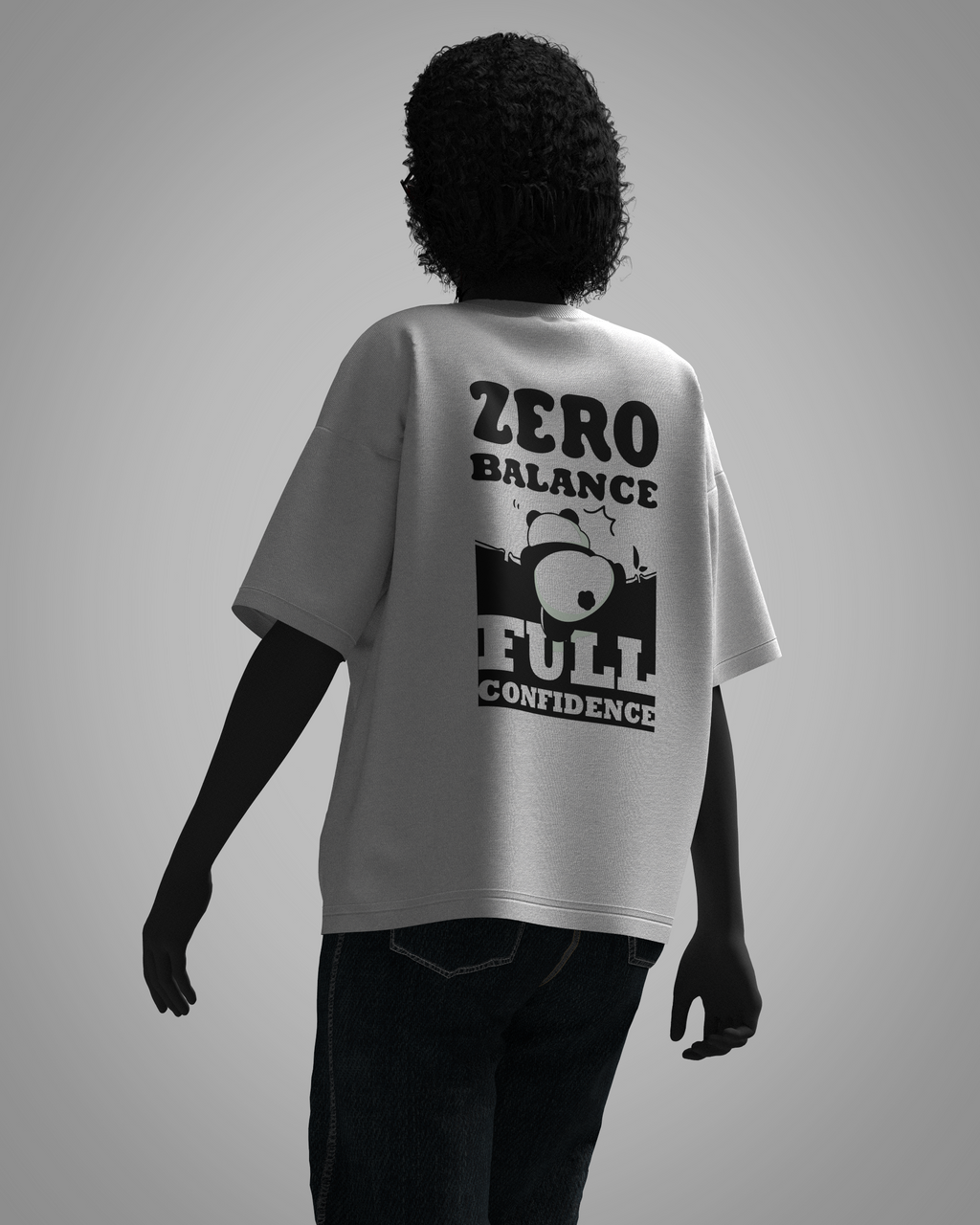 Zero Balance oversized white t-shirt back graphic with full confidence panda design