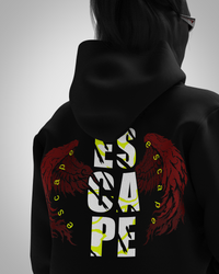 DESIGNOSOR NO WAY BACK unisex oversized black hoodie back view with red wing graphic and bold typography