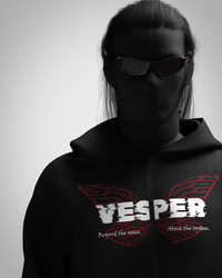VESPER unisex black zipper hoodie angled front view with graphic design