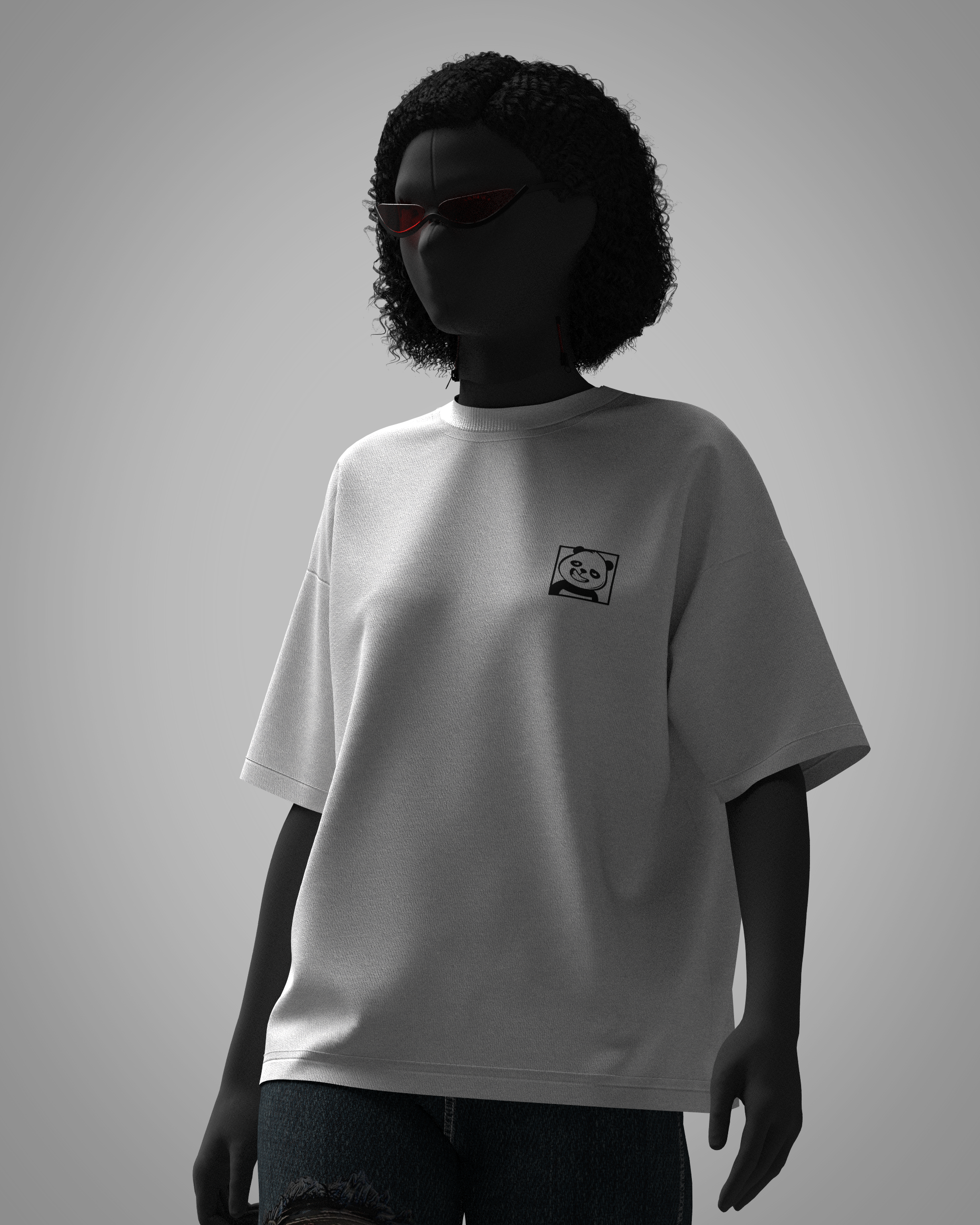 Zero Balance oversized white t-shirt front with minimal panda graphic