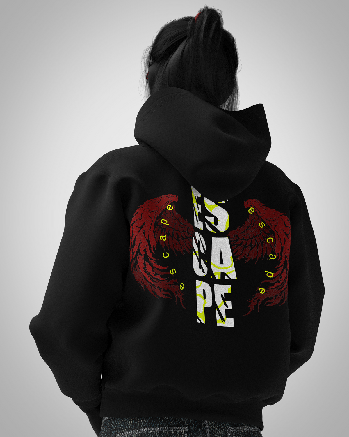 DESIGNOSOR NO WAY BACK unisex oversized black hoodie back view with red wing graphic and bold typography