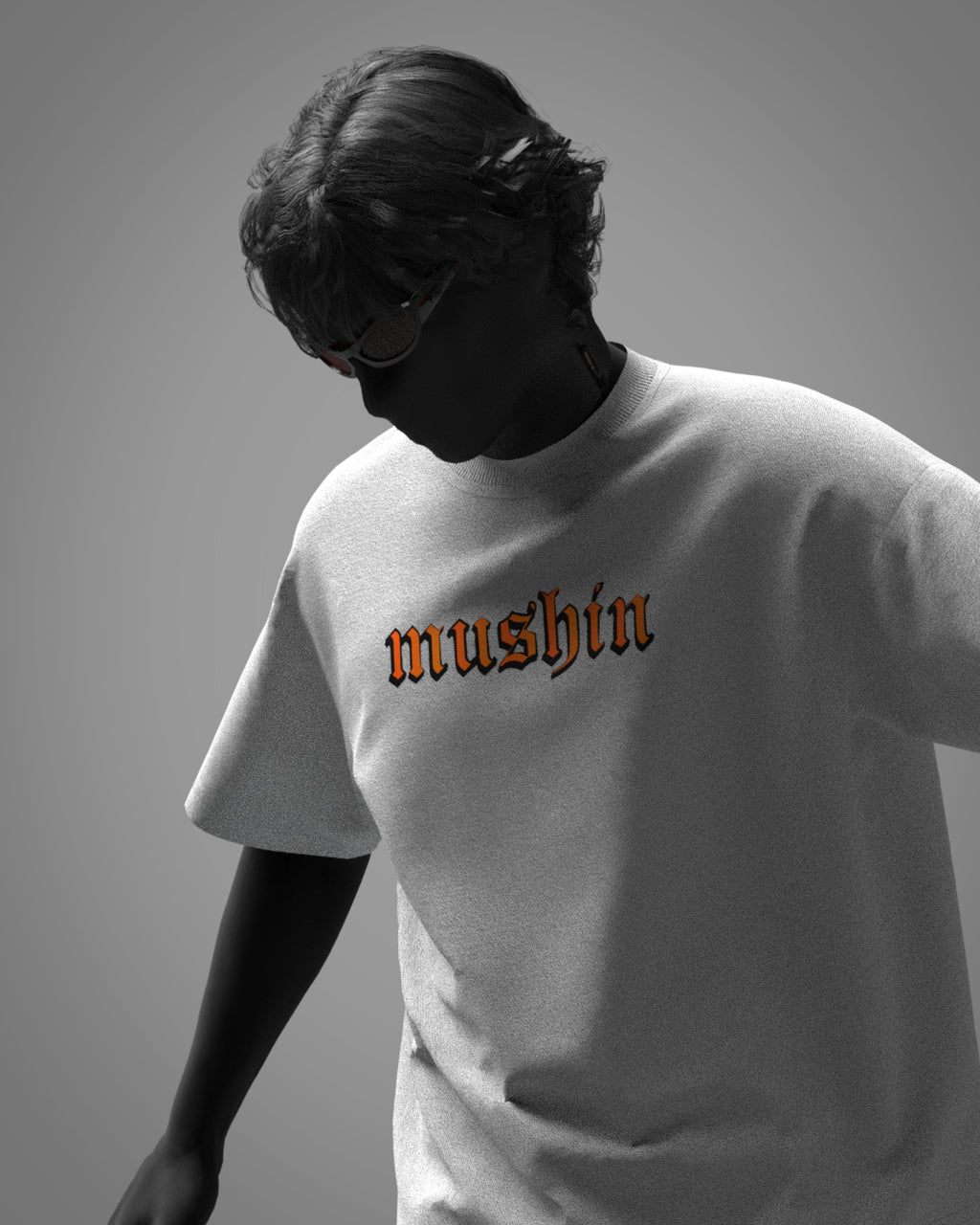 Mushin Panda unisex white oversized t-shirt front view with orange gothic typography
