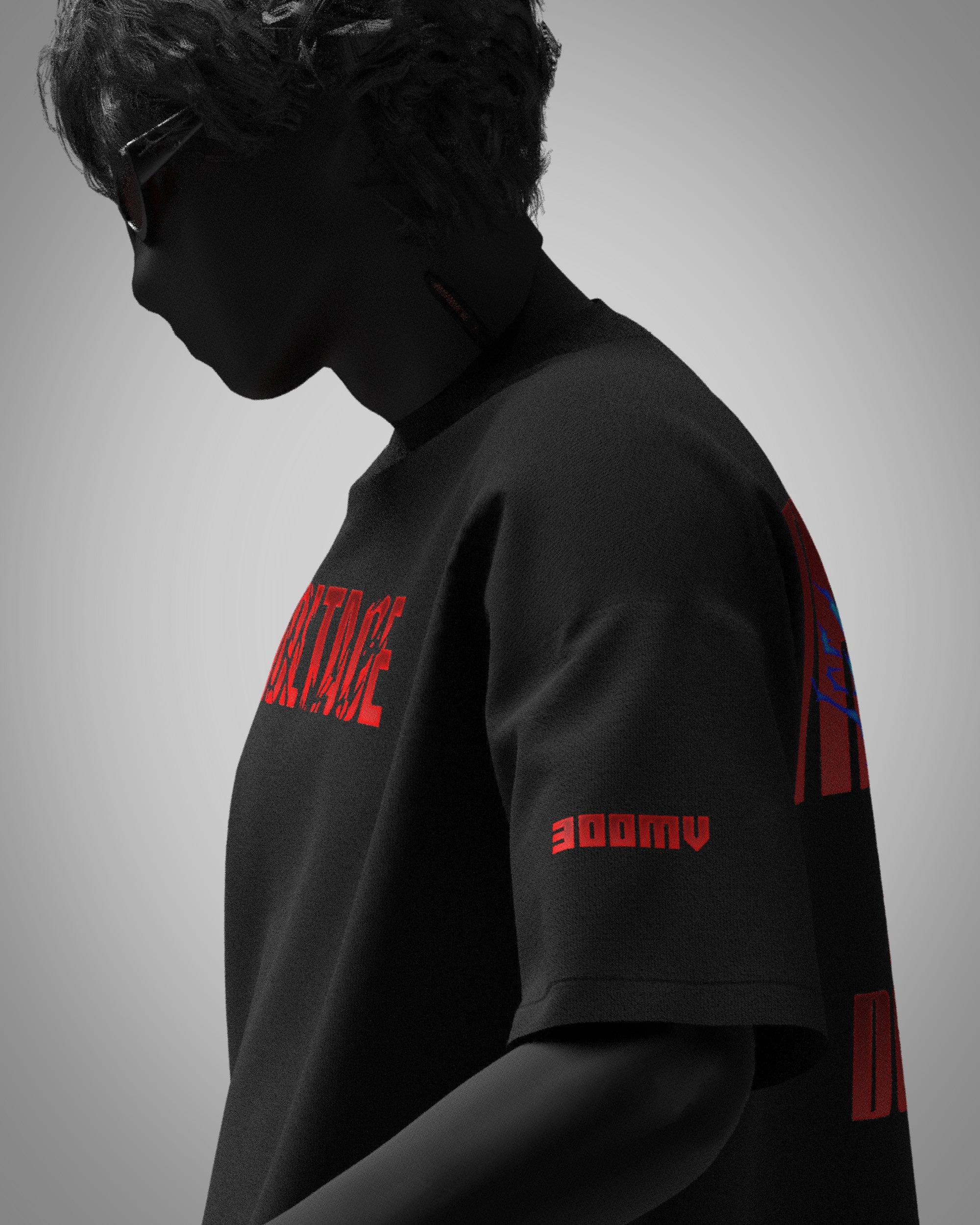 Designosor Thunder black unisex t-shirt side view with sleeve graphic and streetwear fit
