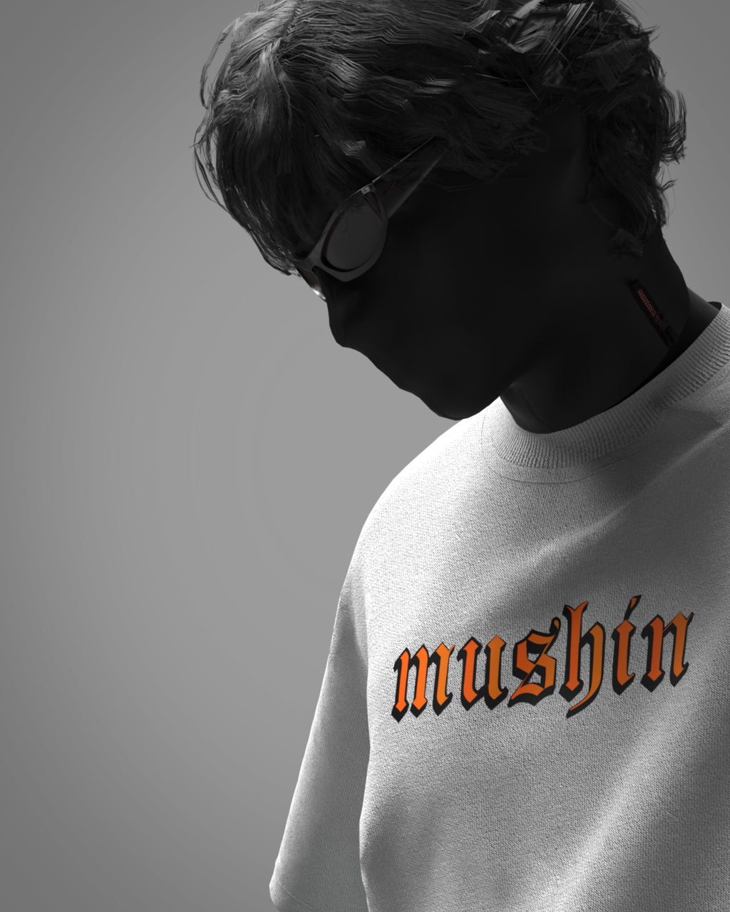 Mushin Panda unisex white oversized t-shirt front view with orange gothic typography