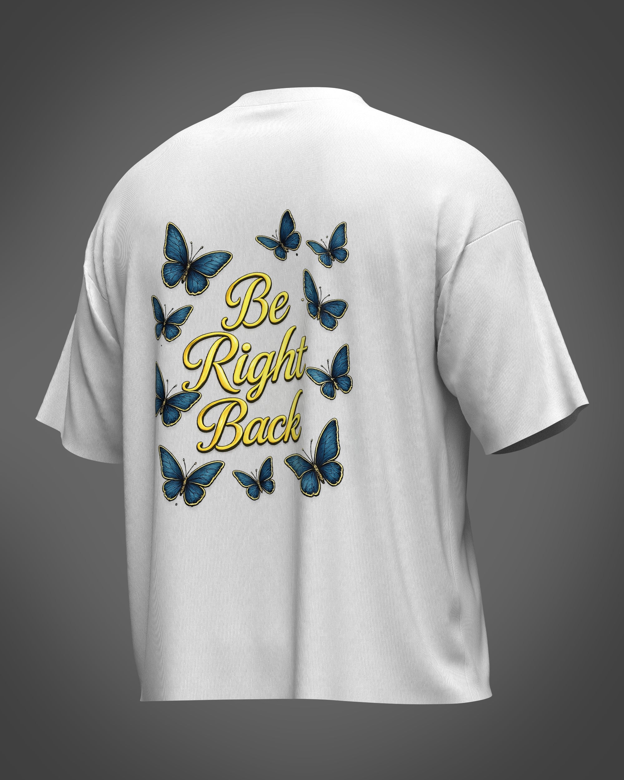 White t-shirt with blue butterfly design 