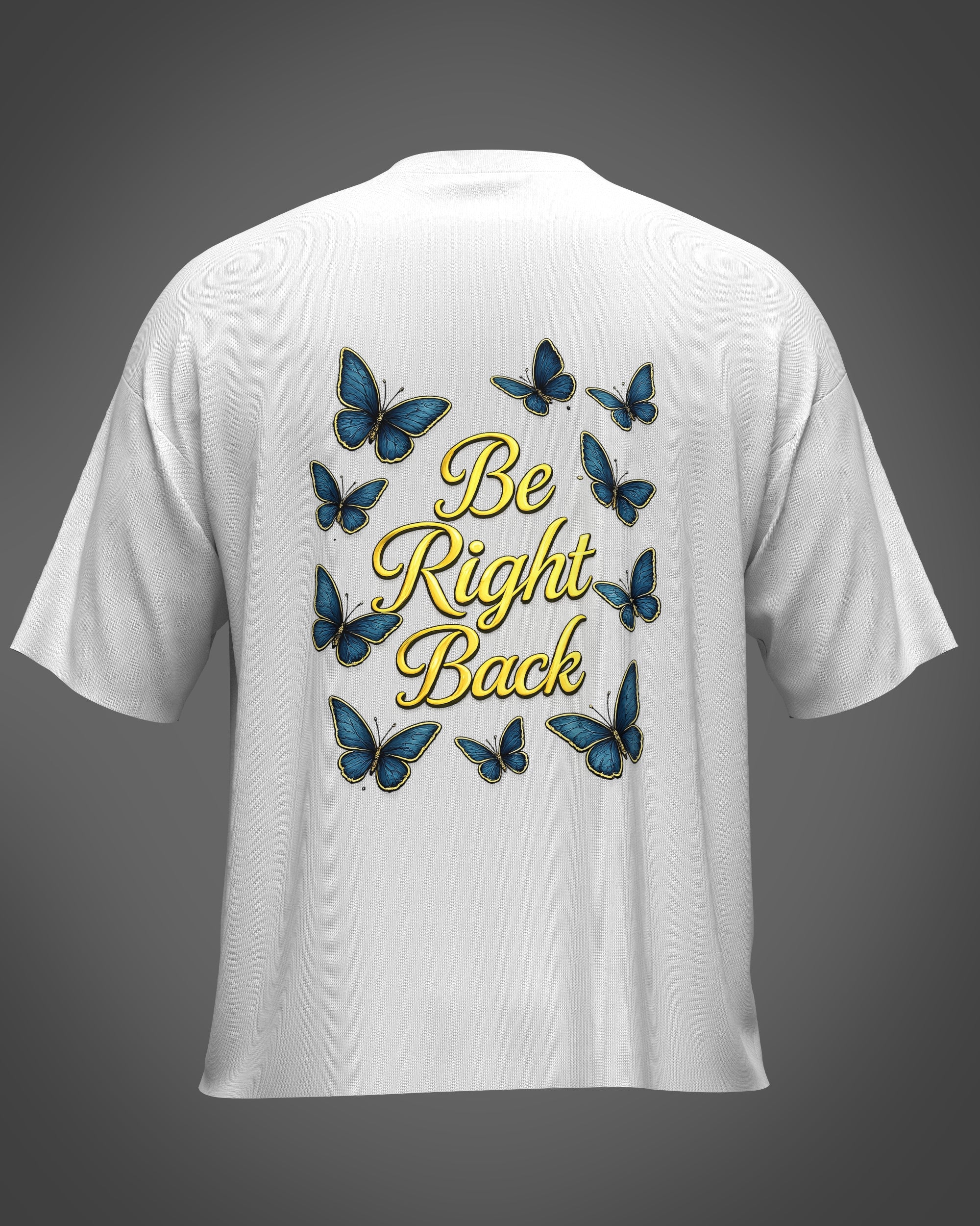 White t-shirt with blue butterfly design 