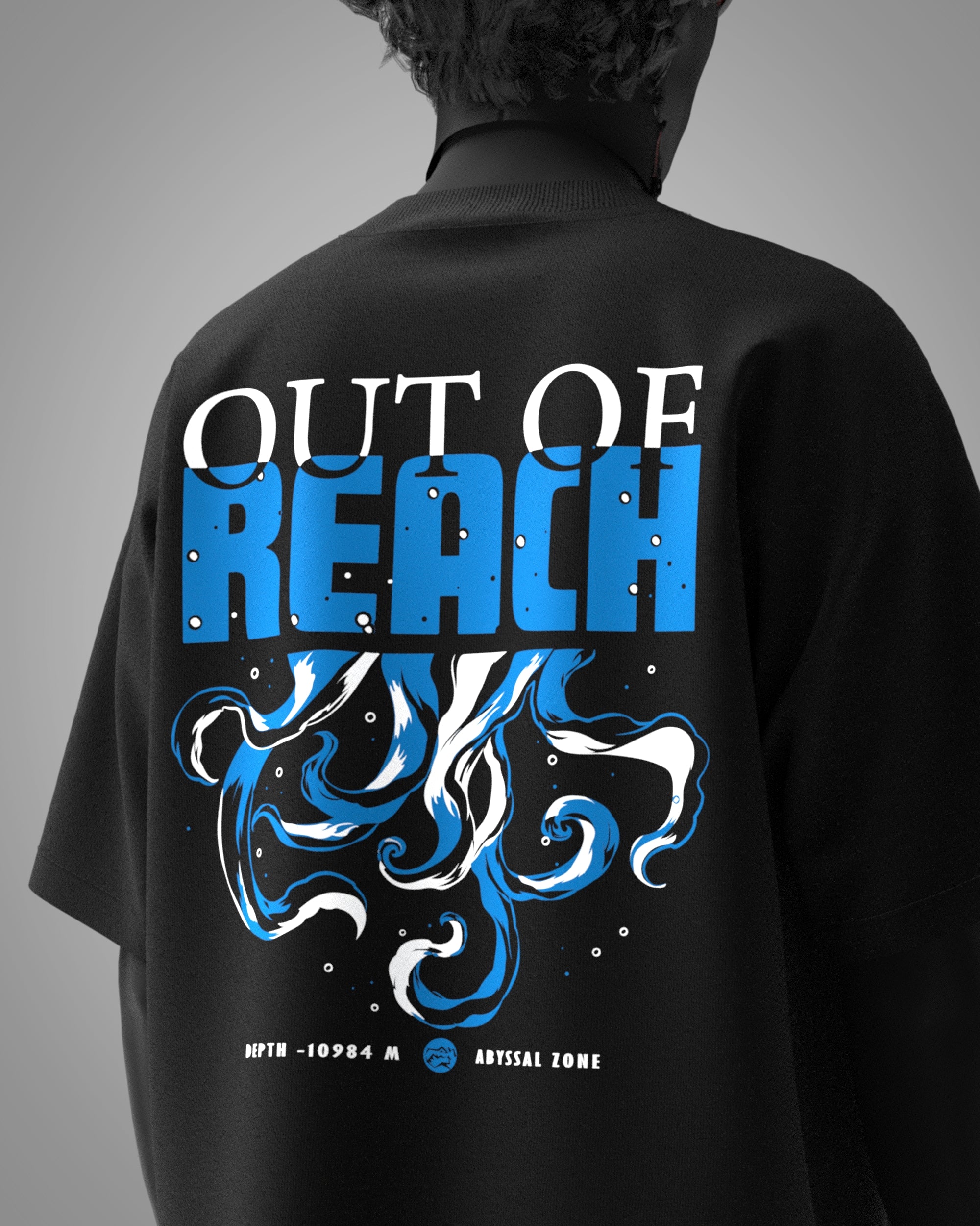 Designosor OUT OF REACH unisex black t-shirt back graphic