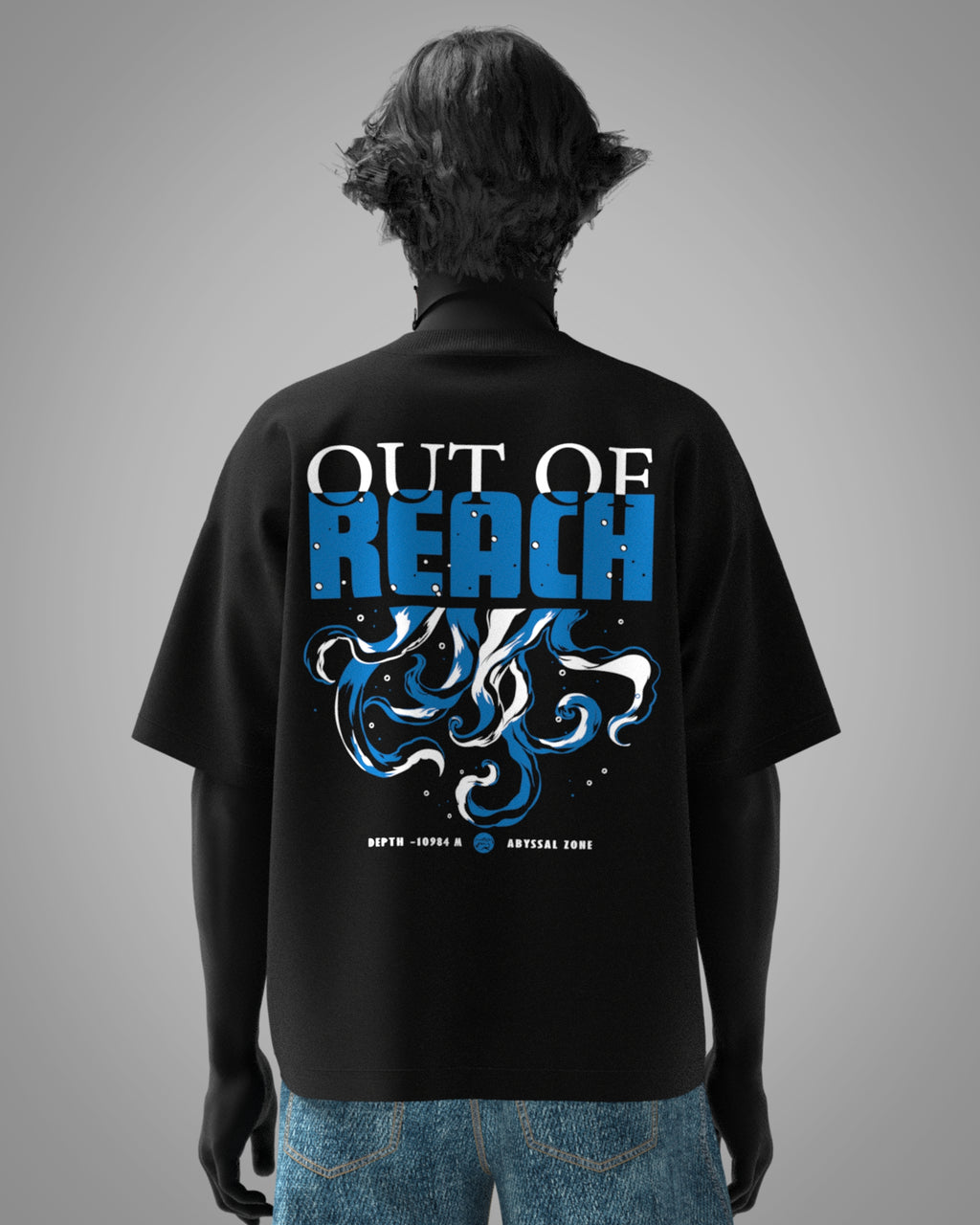 Designosor OUT OF REACH unisex black t-shirt back graphic